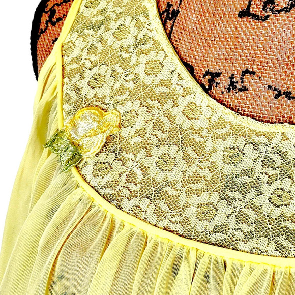 Vintage 60 70s Matching Peignoir Lace sheer Chiffon Set Size Large Medium Yellow - Picture 4 of 16